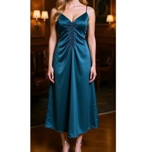 Jason Wu Satin Ruched Strappy Midi Dress Blue Turquoise Size M designer Party